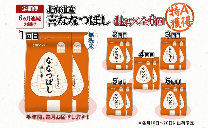 定期便 6ヵ月連続6回 北海道産 喜ななつぼし 無洗米 4kg 米 特A 白米 ななつぼし ごはん ブランド米 4キロ 2kg ×2袋 お米 ご飯 北海道米 国産 グルメ 備蓄 ギフト ホクレン 送料無料 北海道 倶知安町 