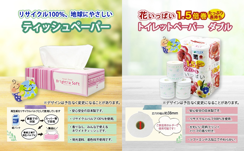 定期便 全3回 長持ち 1.5倍巻き 花いっぱい トイレットペーパー ダブル 45ｍ 48ロール & ブライティア ソフト ボックスティッシュ 200組 400枚 15箱  全18種 花柄 プリント 香り付き 日本製 まとめ買い 防災 常備品 消耗品 備蓄 北海道 