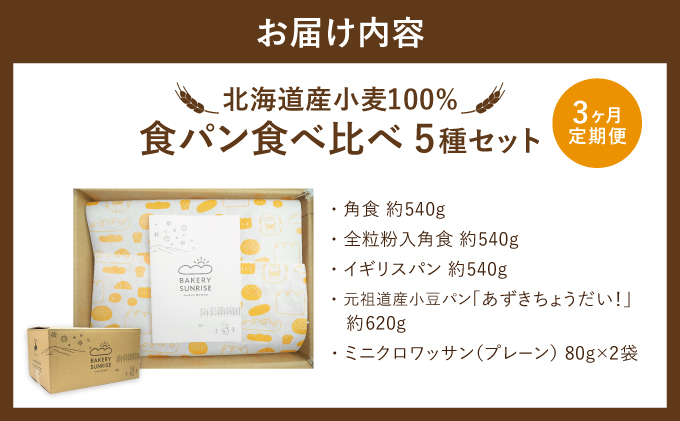 【3か月定期便】食パン食べ比べ 5種セット 北海道産 小麦 100% パン 全粒粉 角食 詰め合わせ 小豆  F21H-548