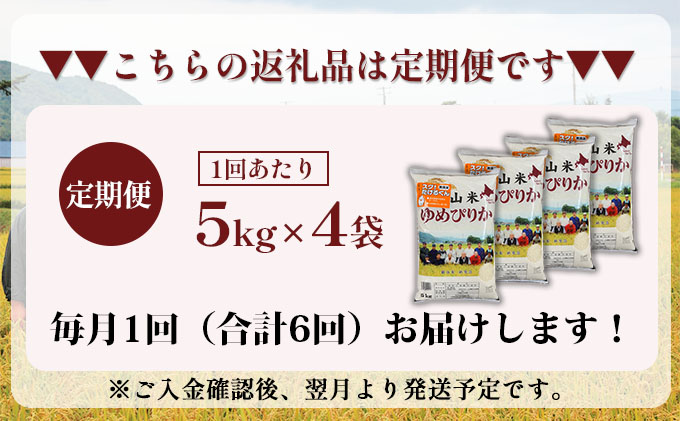 6ヵ月 定期便 銀山米研究会の無洗米＜ゆめぴりか＞20kg（5kg×4袋）【機内食に採用】 ライス 白米 精米 ブランド米 おにぎり お弁当 北海道産 産地直送 ご飯 時短 朝ごはん 夜ごはん 昼ごはん [株式会社 松原米穀]