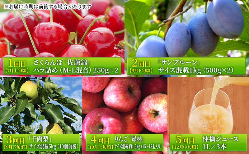 [先行受付] 全5回 定期便 妹尾農園のフルーツ定期便2026［全5回］ 北海道 仁木町 さくらんぼ プルーン 梨 りんご 果物類 チェリー ジュース フレッシュ 加工品 旬 [フルーツショップ妹尾観光農園]