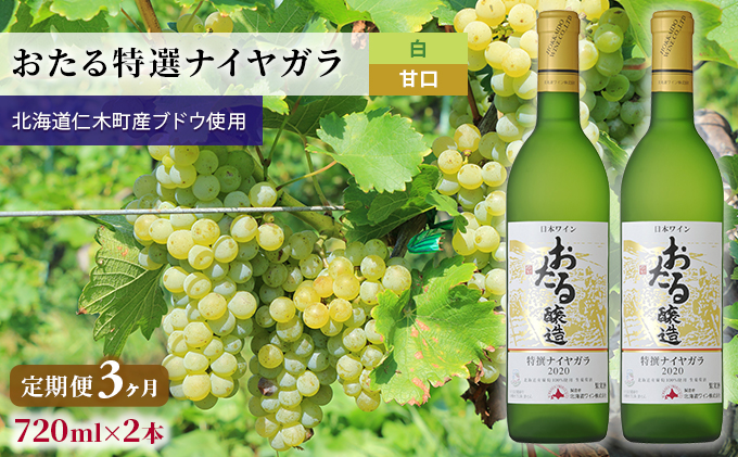 3ヵ月 定期便 白ワイン720ml×2本「おたる特選ナイヤガラ」(白/甘口)GI北海道認定ワイン 北のハイグレード食品 北海道 仁木町 ブドウ ぶどう グレープ お酒 ワイン 赤 甘口 フルーツ [JA新おたる]