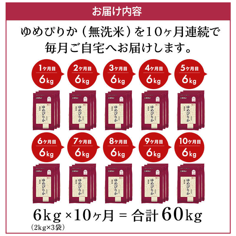 【10ヶ月定期配送】ホクレンゆめぴりか（無洗米2kg×3）※チャック付袋