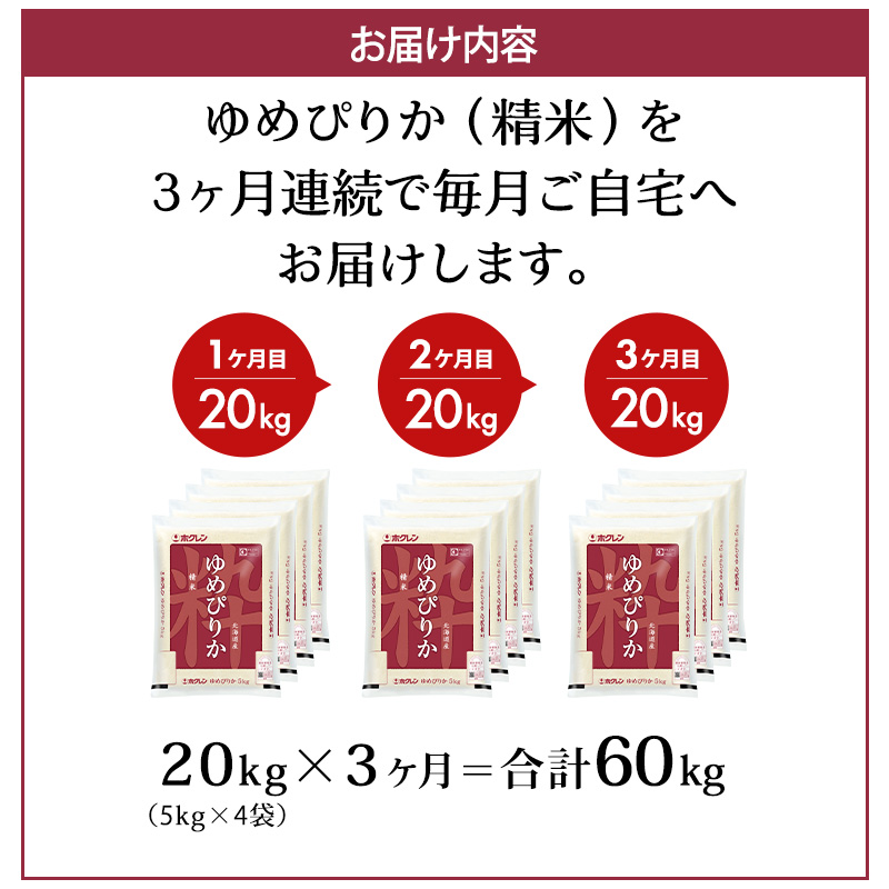 3ヵ月 定期便 (精米20kg)ホクレンゆめぴりか(精米5kg×4袋) 米 お米 白米 ごはん ご飯 ライス 和食 炭水化物 主食 おにぎり お弁当  [JA新おたる] 