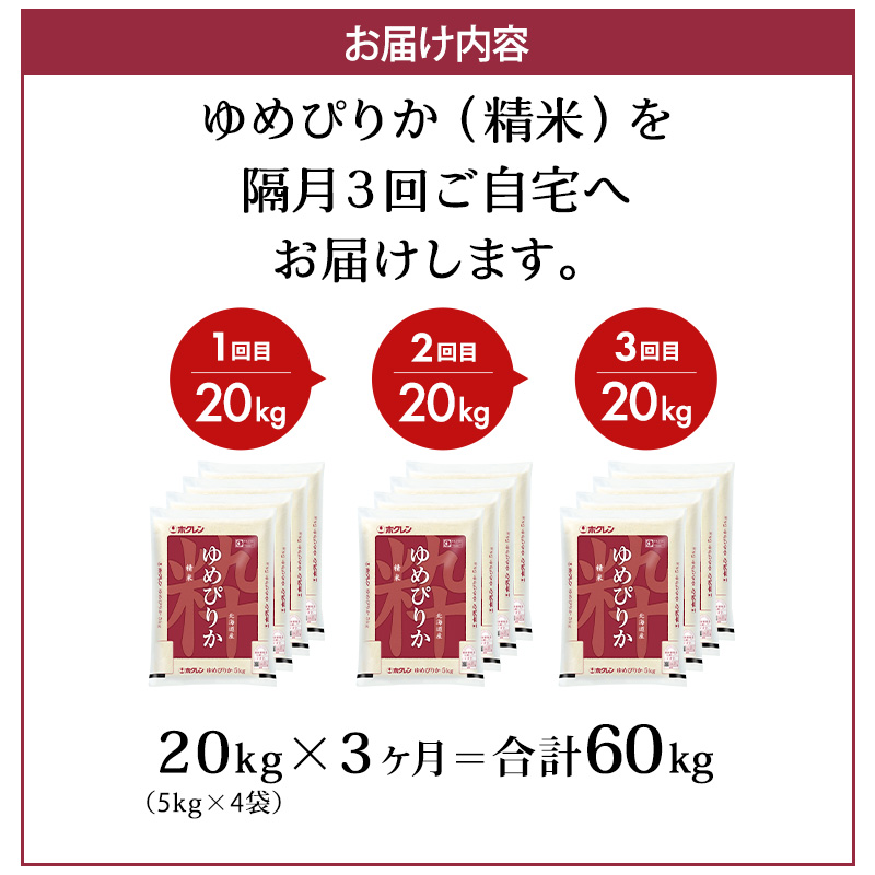 隔月3回 定期便 (精米20kg)ホクレンゆめぴりか(精米5kg×4袋) 米 お米 白米 ごはん ご飯 ライス 和食 炭水化物 主食 おにぎり お弁当  [JA新おたる] 
