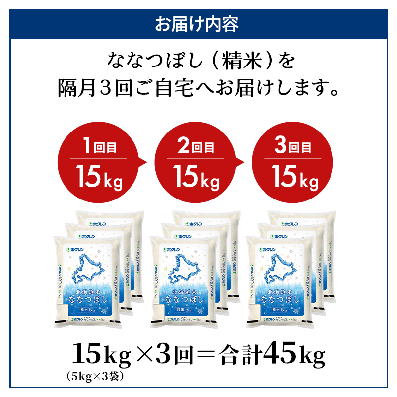 隔月3回 定期便 (精米15kg)ホクレン北海道ななつぼし(精米5kg×3袋) 北海道米 お米 白米 ごはん ご飯 ライス 和食 炭水化物 主食 おにぎり お弁当 ほど良い粘り 豊かな甘み つややか 特A [JA新おたる]  