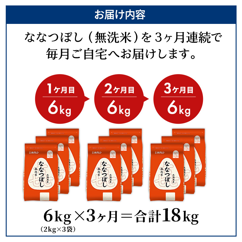 3ヵ月 定期便 (無洗米6kg)ホクレン喜ななつぼし(無洗米2kg×3袋) 北海道米 お米 白米 ごはん ご飯 ライス 和食 炭水化物 主食 おにぎり お弁当 ほど良い粘り 豊かな甘み つややか 特A [JA新おたる] 