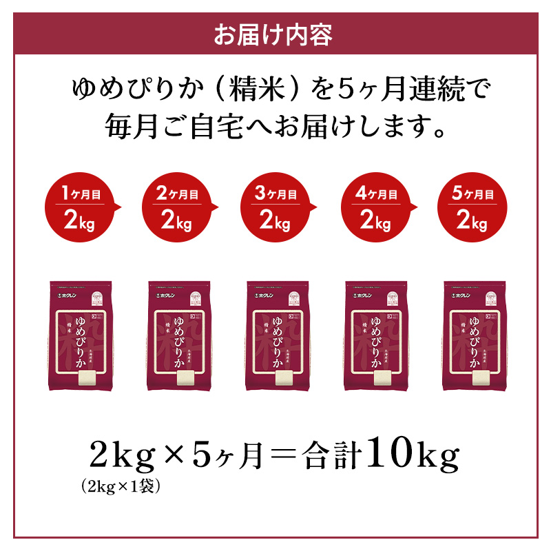 5ヵ月 定期便 (精米2kg)ホクレンゆめぴりか(精米2kg×1袋)袋はチャック付 北海道米 お米 白米 ごはん ご飯 ライス 和食 炭水化物 主食 おにぎり お弁当 ほど良い粘り 豊かな甘み つややか セット 特A [JA新おたる] 