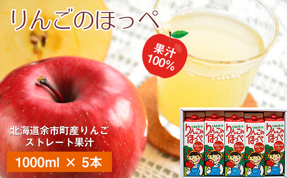 りんごのほっぺ 1L×5本 りんごジュース 果汁100% ストレート 北海道産