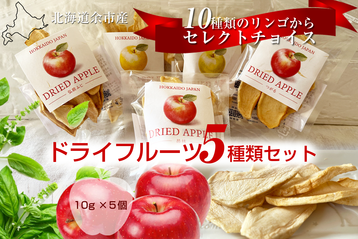 北海道余市産ドライりんご ５種類セット 食物繊維・ポリフェノール豊富 砂糖不使用 腸活 おやつ 国産無添加 りんごチップス_Y161-0001