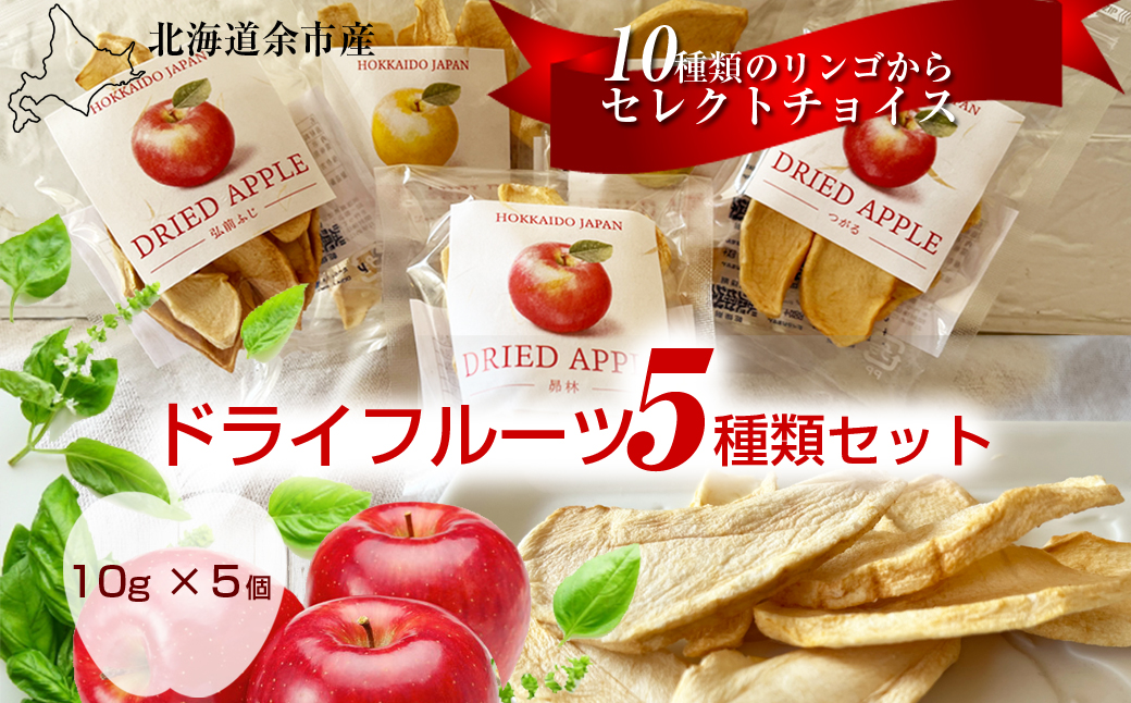北海道余市産ドライりんご ５種類セット 食物繊維・ポリフェノール豊富 砂糖不使用 腸活 おやつ 国産無添加 りんごチップス_Y161-0001