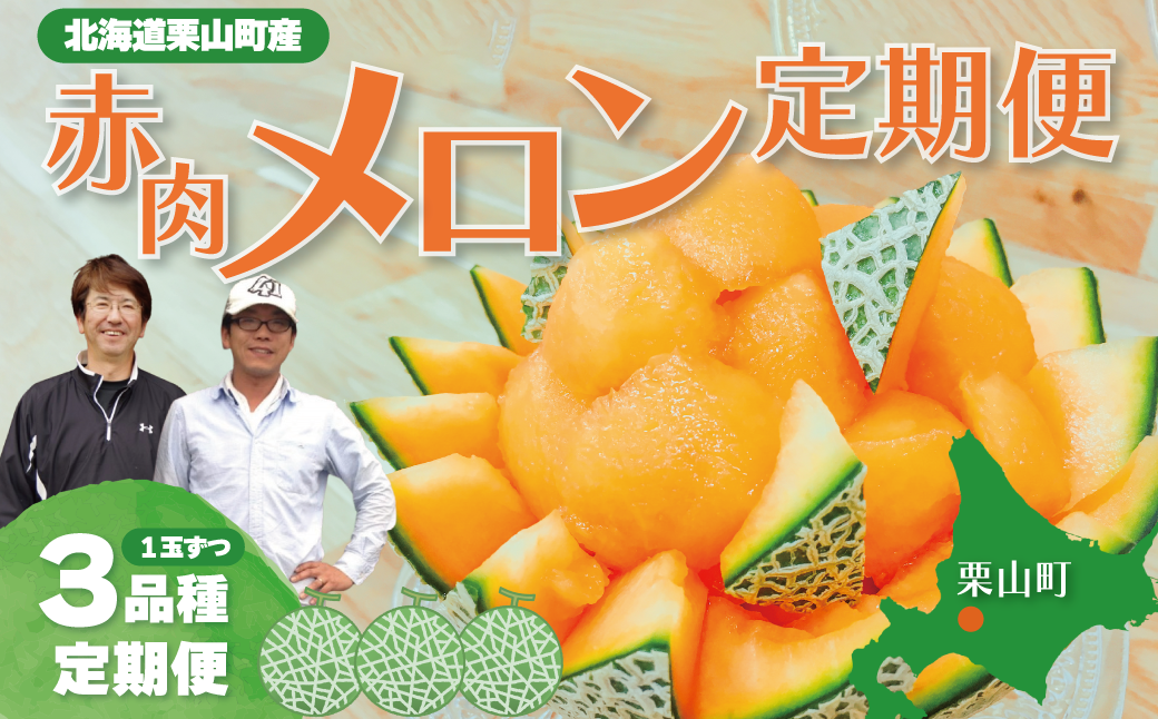 北海道産赤肉メロン3種定期便（1玉×3回）