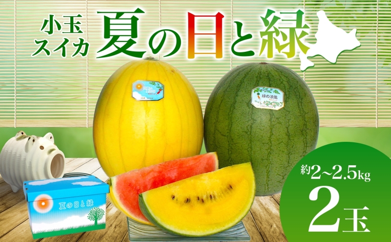 北海道 小玉 スイカ 2種 セット 夏の日と緑 2～2.5kg 2玉 赤色 黄色 すいか 果物 フルーツ 旬 西瓜 甘い プレゼント ギフト 自家用 お中元 お取り寄せ 国産 ご褒美 産地直送 送料無料 エーコープつきがた