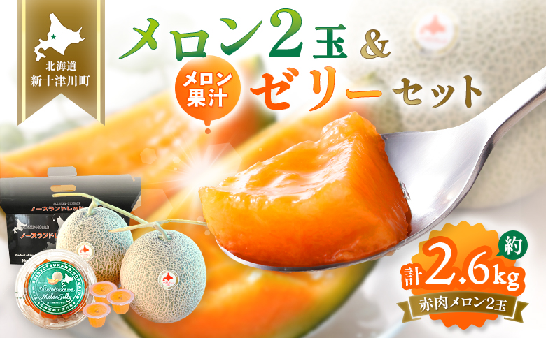 【数量限定】 赤肉メロン２玉・ミニメロンゼリーセット【令和8年７月～８月上旬発送】|  メロン 北海道 赤玉 セット メロンゼリー ゼリー 詰め合わせ オンライン申請 オンライン ワンストップ マイページ デザート 果物 フルーツ 赤肉メロン 赤肉 ふるさと納税 北海道 新十津川 新十津川町【1201706】