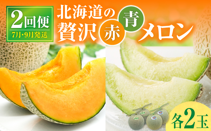 【 7月青肉・9月赤肉発送】北海道の贅沢　暑寒メロン食べ比べ2回便 【各2玉づつ】メロン 定期便 食べ比べ 先行予約 北海道 赤肉 青肉 糖度 14度以上 2026年 7月 9月 ブランドメロン