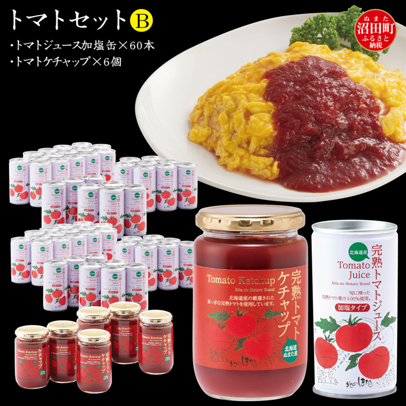 トマトセットB（トマトジュース加塩缶×60本・トマトケチャップ×6個）保存料 無添加 国産 北海道産 n-0059