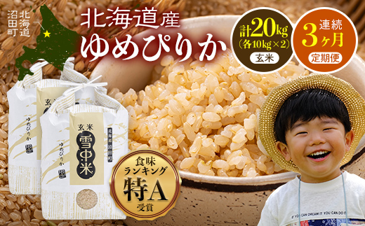【数量限定】【令和8年6月発送開始定期便】令和7年度産 春摺り 雪中米 ゆめぴりか 玄米 20kg （10kg×2袋） × 3回 計60kg 3か月連続定期便 定期便 定期 米 nr-1402