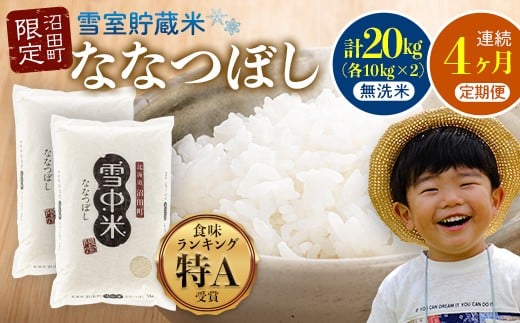 【定期便4ヶ月】ななつぼし 無洗米 20kg（10kg×2袋） 5月発送開始 雪冷気 籾貯蔵 雪中米 北海道 nr-1079