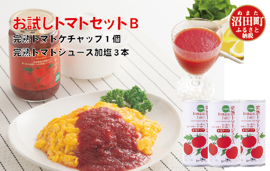 完熟トマトお試しセットB(ケチャップ1個・加塩缶3本)