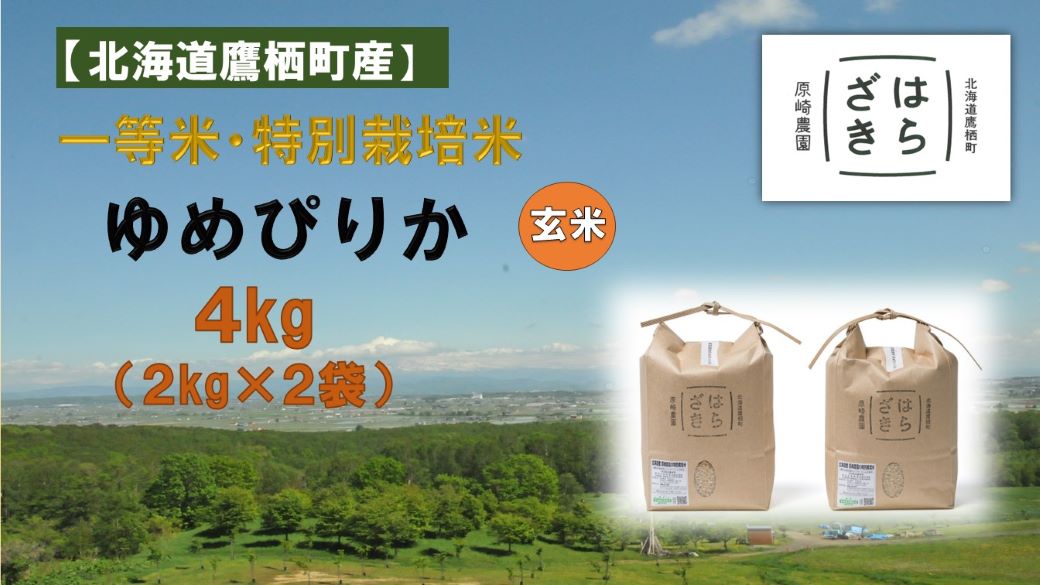 A114【令和６年産】一等米・特別栽培米 ４kg【ゆめぴりか玄米】２kg×２（農薬７割減）北海道 鷹栖町 原崎農園 