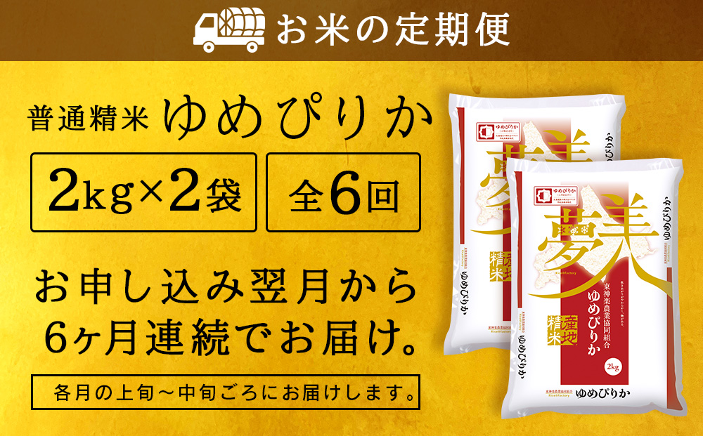  【お米の定期便】ゆめぴりか 2kg×2袋 《普通精米》全6回