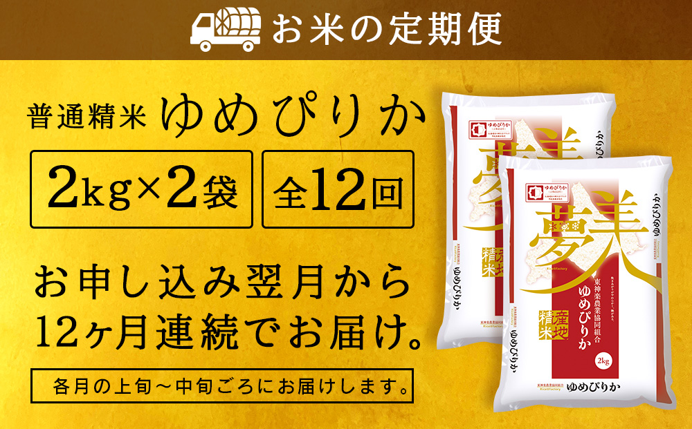 【お米の定期便】ゆめぴりか 2kg×2袋 《普通精米》全12回