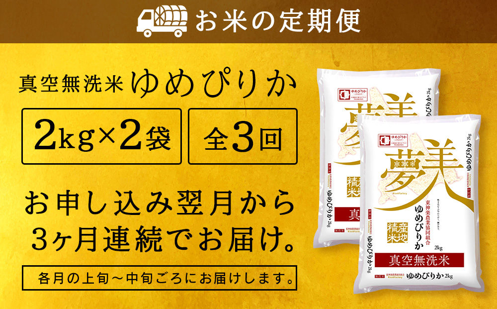 新米発送 【お米の定期便】ゆめぴりか 2kg×2袋 《真空無洗米》全3回