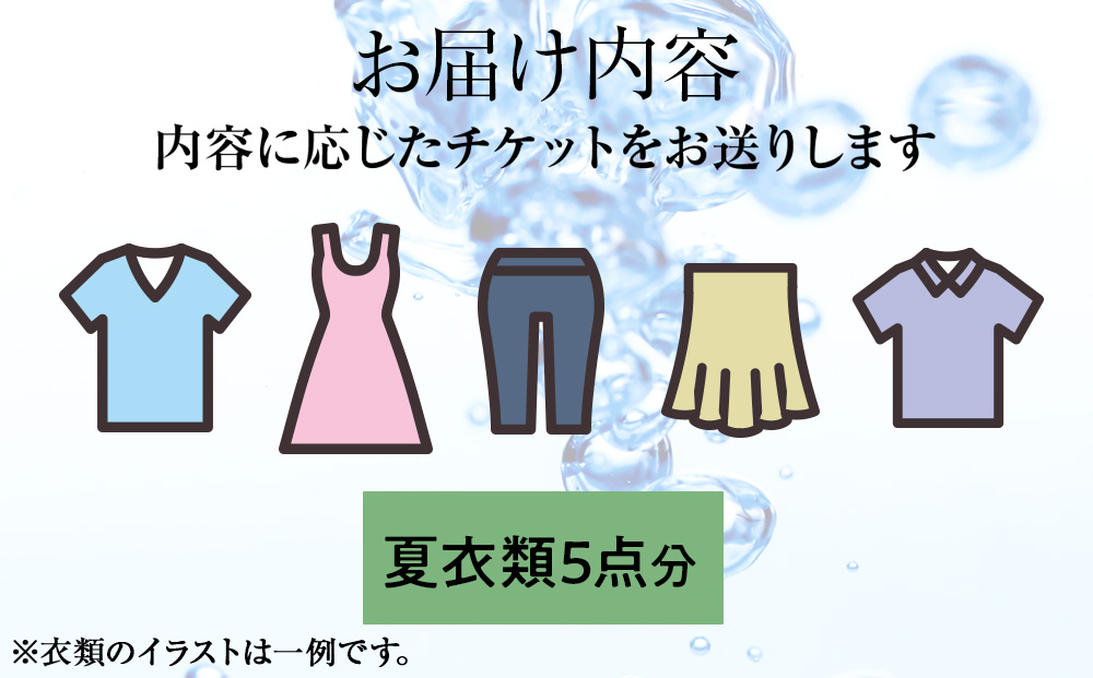 大雪山の伏流水で洗う CO2を出さない衣類クリーニング【店舗持込み引渡し 夏衣類5点セット】
