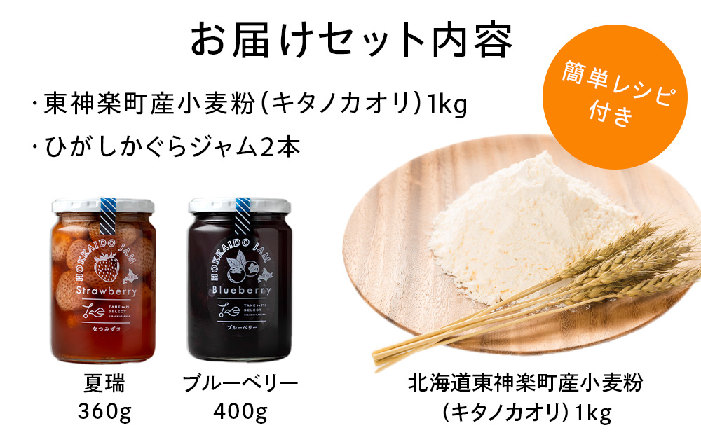 北海道 東神楽町産小麦粉で作る、クッキー手作りセットとひがしかぐらジャム2本〈なつみずき苺とブルーベリー〉
