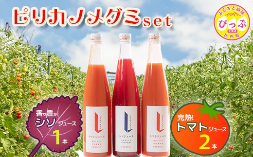 ピリカノメグミ（トマトジュース無塩 2本・シソジュース 1本） 各500ml×3本セット【ピリカ(株)】とまと 紫蘇 しそ 赤しそ ジュース 食塩不使用 濃厚 カクテル 料理 炭酸 飲料 北海道 比布町 ぴっぷ 1012-001