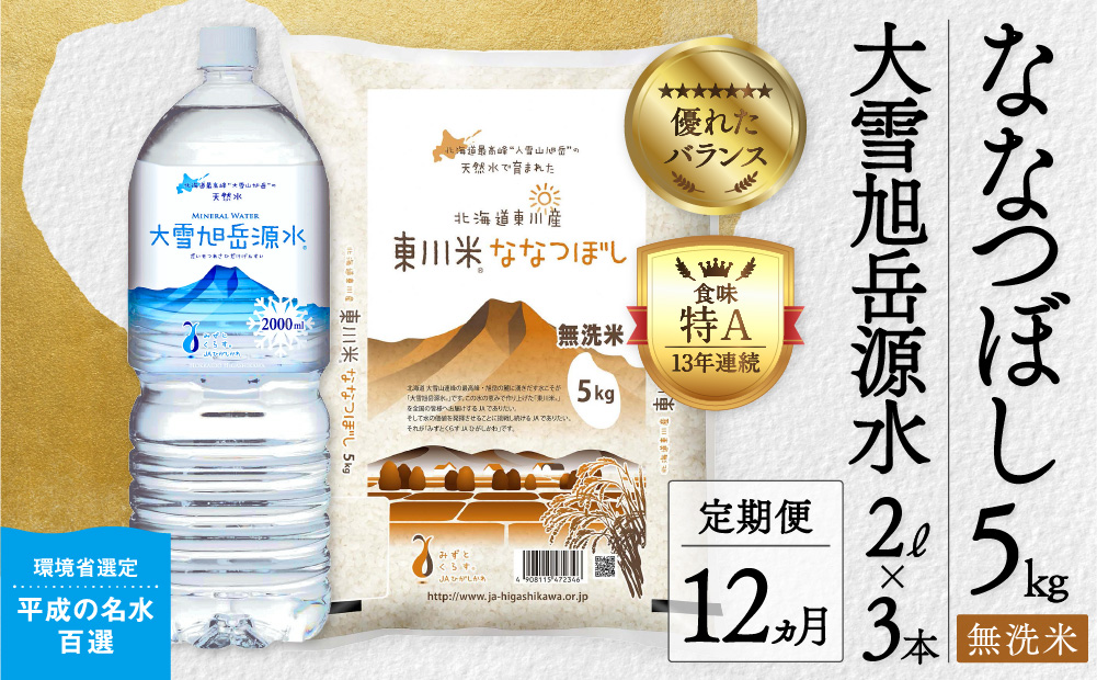 【12回定期便】東川米 「ななつぼし」無洗米5kg+水セット（2024年12月下旬より発送予定）