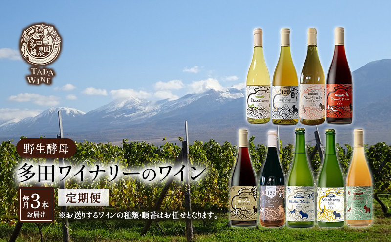 【3ヵ月定期便】野生酵母で醸したワイン 毎月3本お届け (3ヵ月間) 多田ワイナリー 北海道 上富良野町 ワイン 赤ワイン 白ワイン 微発泡ワイン オレンジワイン