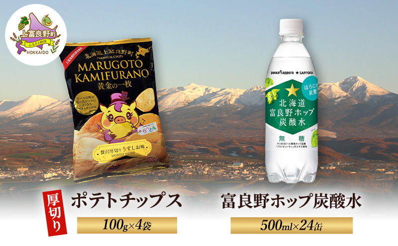 北海道 上富良野 ポテトチップス 100g 4袋 富良野 ホップ炭酸水 500ml × 24本 セット 贅沢 厚切り うすしお 味