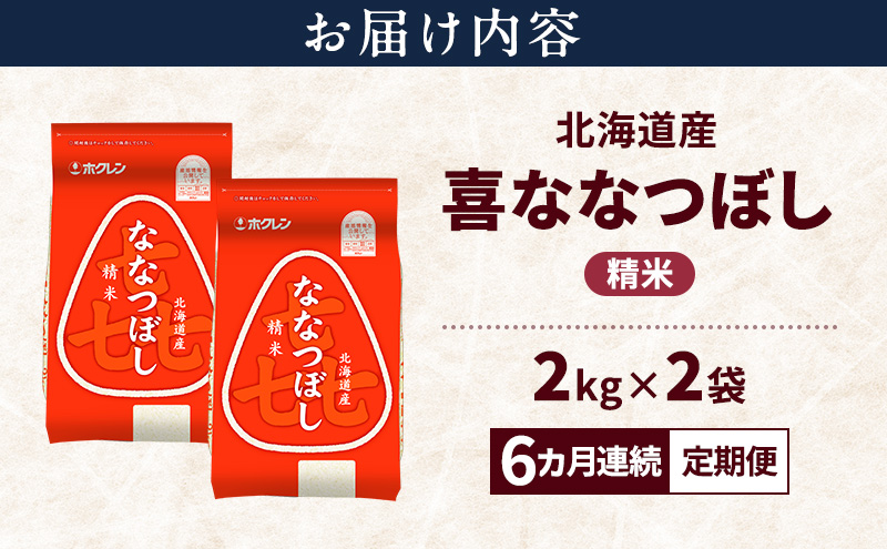 【6ヵ月連続定期便】北海道産 喜 ななつぼし 精米 4kg 米 特A 獲得 白米 ごはん 定期便 定期配送 6ヵ月 道産米 ブランド米 4キロ お米 ご飯 米 北海道米 JAふらの ホクレン ホクレン米 送料無料 北海道 上富良野町