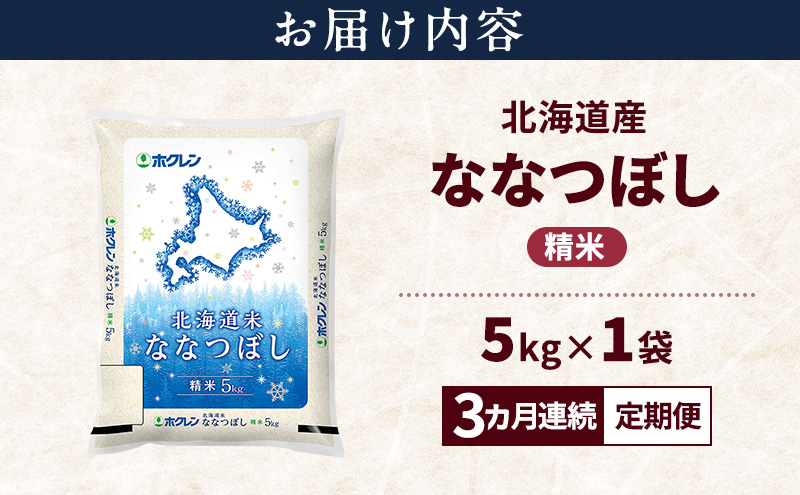 【3ヵ月連続定期便】北海道産 ななつぼし 精米 5kg 米 特A 獲得 白米 ごはん 定期便 定期配送 3ヵ月 道産米 ブランド米 5キロ お米 ご飯 米 北海道米 JAふらの ホクレン ホクレン米 送料無料 北海道 上富良野町