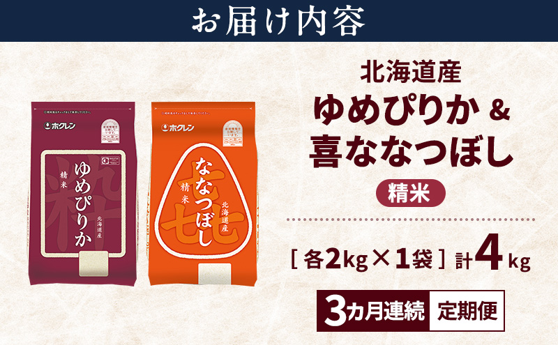 【3ヵ月連続定期便】北海道産 ゆめぴりか ななつぼし 食べ比べセット 精米 各2kg 合計4kg 米 特A 獲得 白米 ごはん 定期便 定期配送 3ヵ月 道産米 ブランド米 4キロ お米 ご飯 米 北海道米 JAふらの ホクレン ホクレン米 送料無料 北海道 上富良野町