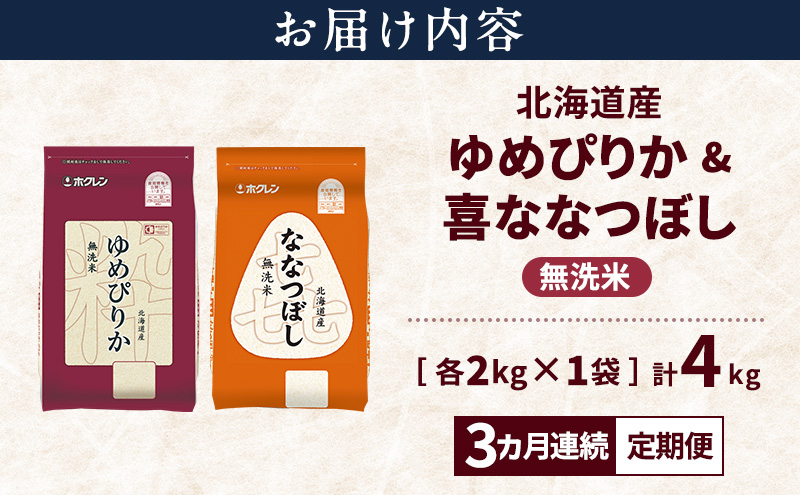 【3ヵ月連続定期便】北海道産 ゆめぴりか ななつぼし 食べ比べセット 無洗米 各2kg 合計4kg 米 特A 獲得 白米 ごはん 定期便 定期配送 3ヵ月 道産米 ブランド米 4キロ お米 ご飯 米 北海道米 JAふらの ホクレン ホクレン米 送料無料 北海道 上富良野町