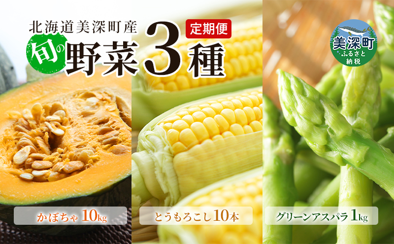 【2025年発送】美深の旬の野菜 3種定期便（グリーンアスパラ 1kg・とうもろこし 10本・かぼちゃ 10kg） 北海道 美深町【 野菜 夏野菜 フルーツ アスパラ とうもろこし コーン スイートコーン 南瓜 かぼちゃ 定期便 旬 】