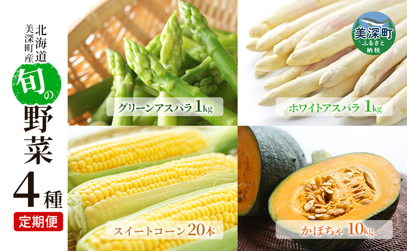 【2025年発送】美深の旬の野菜 4種定期便（ホワイトアスパラ・グリーンアスパラ・とうもろこし・かぼちゃ） 北海道 美深町【 野菜 アスパラ とうもろこし かぼちゃ 定期便 旬 】