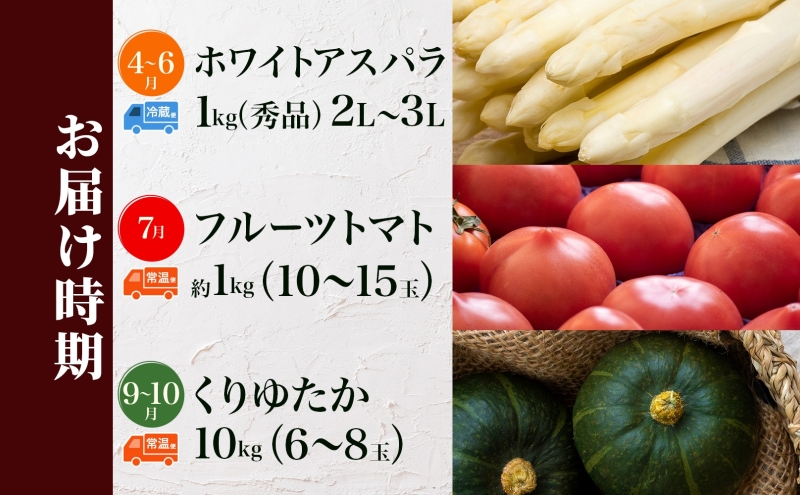 年3回定期便 2026年発送 美深の旬の野菜セット ホワイトアスパラ フルーツトマト トマト カボチャ かぼちゃ くりゆたか 秀品 産地直送 野菜 旬 食材 アレンジ 旬の野菜 みずみずしい フレッシュ お取り寄せ 北海道 美深町