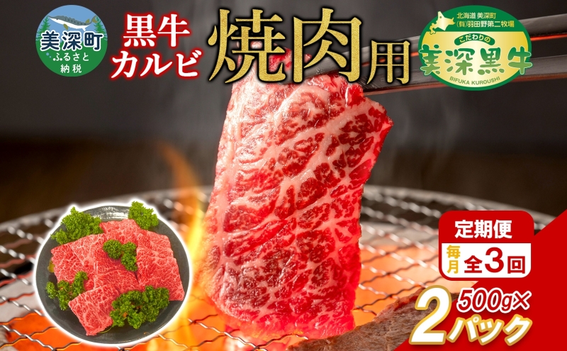 定期便 3カ月 黒牛 カルビ 焼肉 500ｇ×2 1kg こだわり 美濃黒牛 お肉 牛肉 旨み グルメ バーベキュー ギフト 贈り物 美深町 北海道