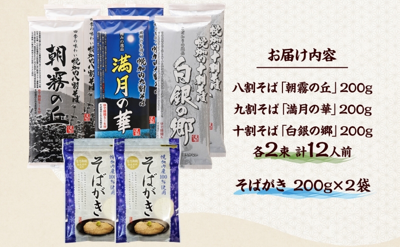 北海道産 高級そば3種 八割 九割 十割 各200g×2束 & そばがき 2袋  セット 6束 12人前北海道幌加内   麺類 幌加内産 100％使用 そば湯 お酒 おつまみ お茶うけ そばつゆ そばぜんざい 干しそば 年越しそば 引っ越しそば 蕎麦