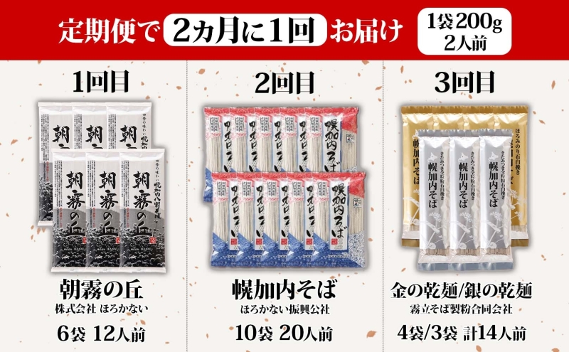 全3回 定期便 隔月お届け 幌加内そば ファミリー向け 食べ比べ そば ソバ 蕎麦 麺 ヘルシー 家族 名産 お蕎麦 乾麺 常備 そば粉 蕎麦湯 そば湯 香り高い コシ セット お取り寄せ グルメ 送料無料 北海道 幌加内町