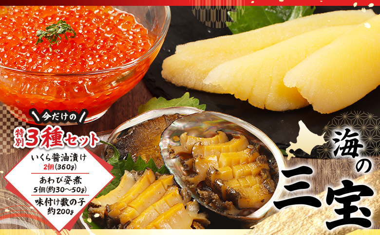 【贅沢詰合せ】北海道 海の幸3種セットB（いくら2個・あわび・味付け数の子） | 海鮮 詰め合わせ 北海道 セット いくら あわび 味付け数の子 贅沢 取り寄せ 鮑 アワビ 高級 人気 年末年始 お正月 おせち 家族団らん オンライン申請 マイページ ふるさと納税 北海道 羽幌町 マリナシーフーズ【02168】