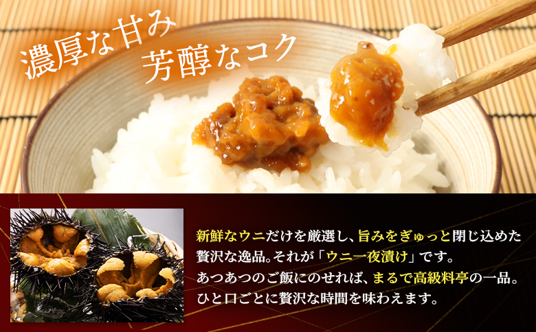 【マリナシーフーズ】うに一夜漬け×2本 計120g（各60g×2本） | オンライン申請 ふるさと納税 北海道 羽幌 ウニ 一夜漬け 塩ウニ 贅沢 高級 うに 海鮮 新鮮 旬 ご飯のお供 酒の肴 おつまみ ギフト 贈り物 お祝い 正月 お取り寄せ ワンストップ マイページ 羽幌町【02176】