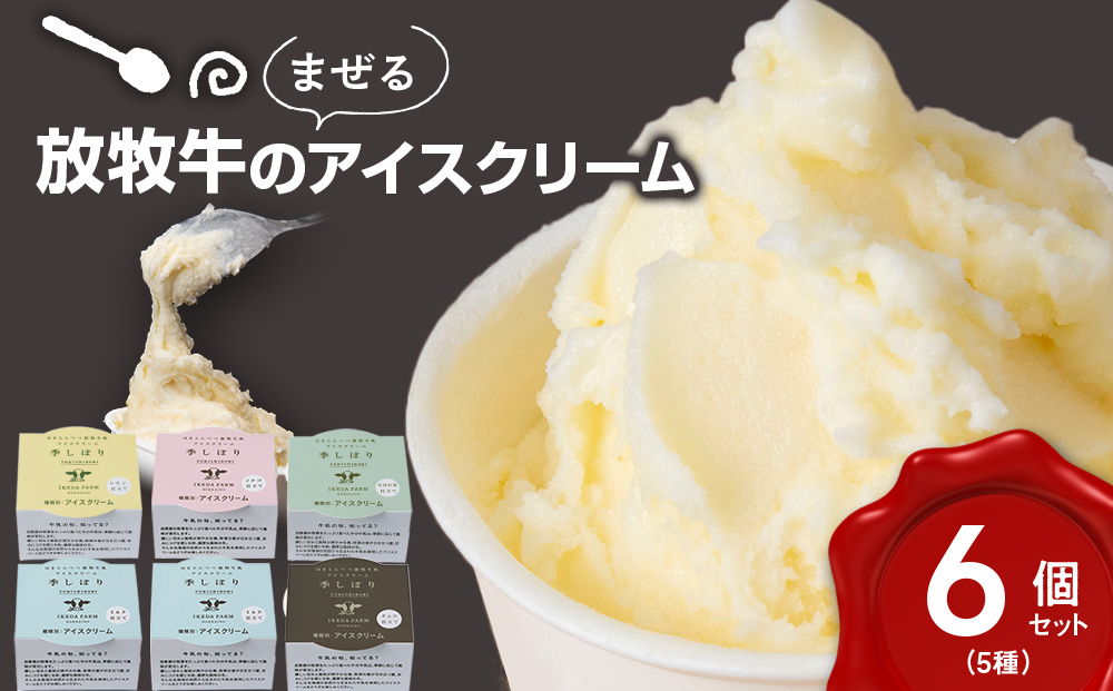 放牧牛 アイスクリーム 食べ比べセット（ミルク2個・イチゴ1個・そばの実1個・チョコ1個・レモン仕立て1個）5種類計6個 【池田牧場】