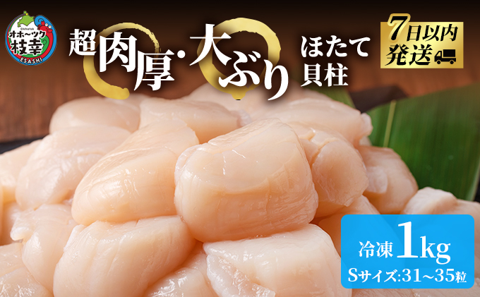 枝幸の四季 超肉厚大玉ほたて冷凍貝柱1kg（Sサイズ：31～35粒）【枝幸ほたて】枝幸海産 北海道 冷凍 貝柱 刺身 大 魚介 海 オホーツク 帆立 年越し 贈答 贈り物 ギフト