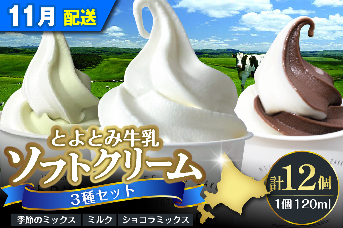 【2026年11月配送】とよとみ牛乳ソフトクリーム【ミルク／ショコラミックス／季節のミックス 各120ml 計12個】