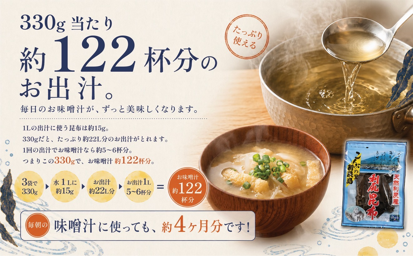 利尻昆布 北海道 利尻島産 天然 昆布 330g（110g×3袋）お味噌約60人前のお出汁｜北海道産 天然 だし 海藻 昆布 出汁  お鍋 煮物 和食 煮物 乾物 利尻島 [1020007]