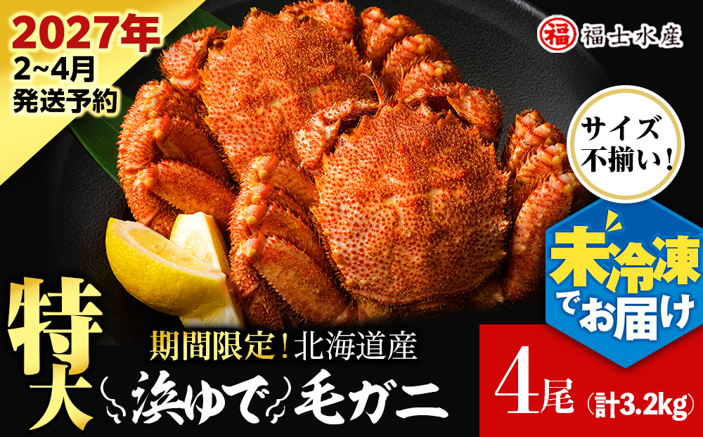 【2027年発送予約】チルドでお届け！ 浜茹で毛ガニ特大４尾（不揃い合計約3.2kg） 〈福士水産〉